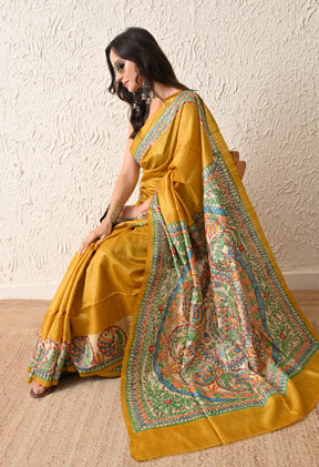 Pure Tussar Silk Madhubani Hand-Painted Saree – Mustard Yellow