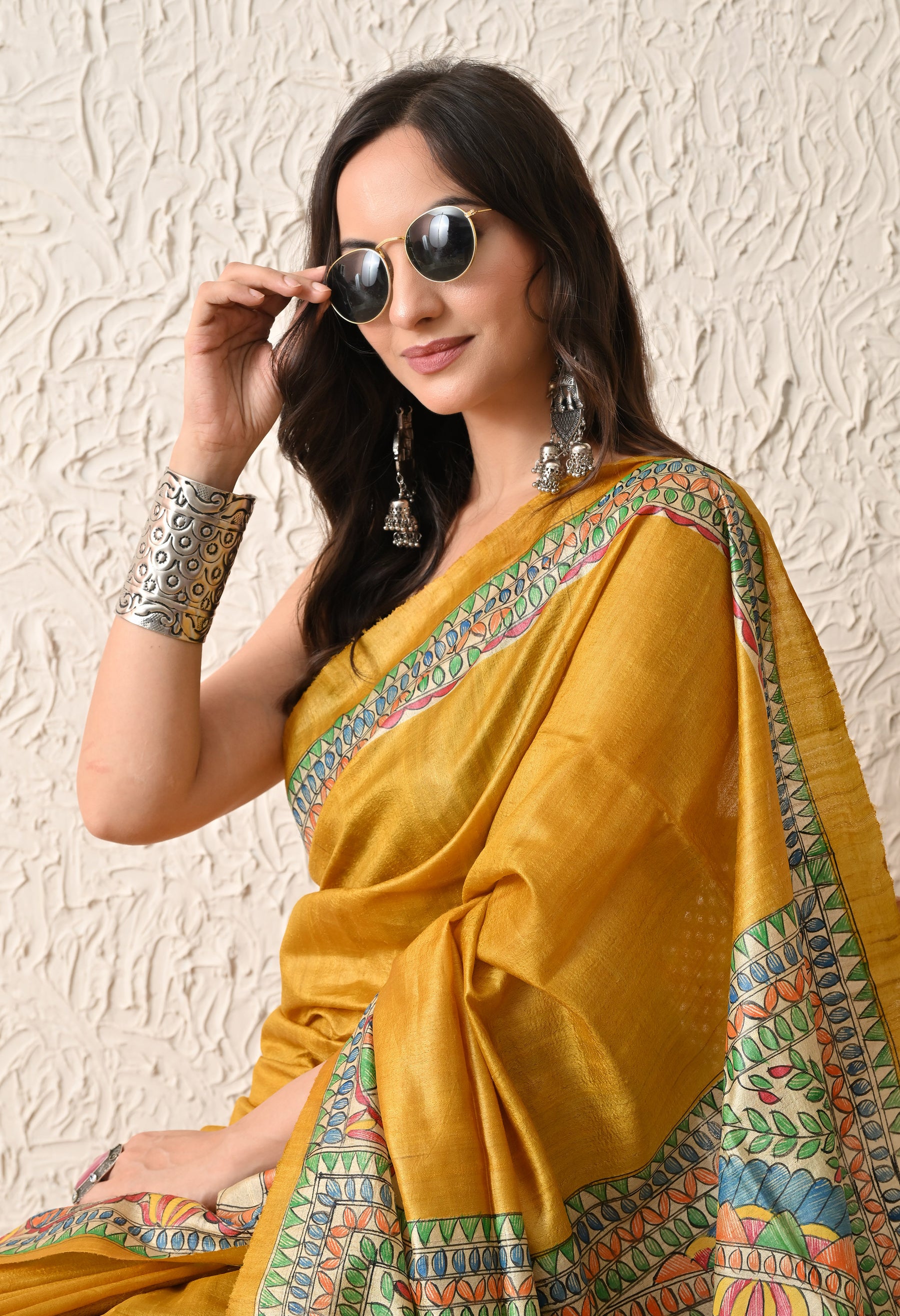 Pure Tussar Silk Madhubani Hand-Painted Saree – Mustard Yellow