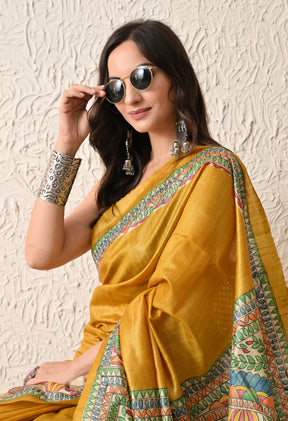 Pure Tussar Silk Madhubani Hand-Painted Saree – Mustard Yellow