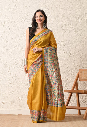 Pure Tussar Silk Madhubani Hand-Painted Saree – Mustard Yellow