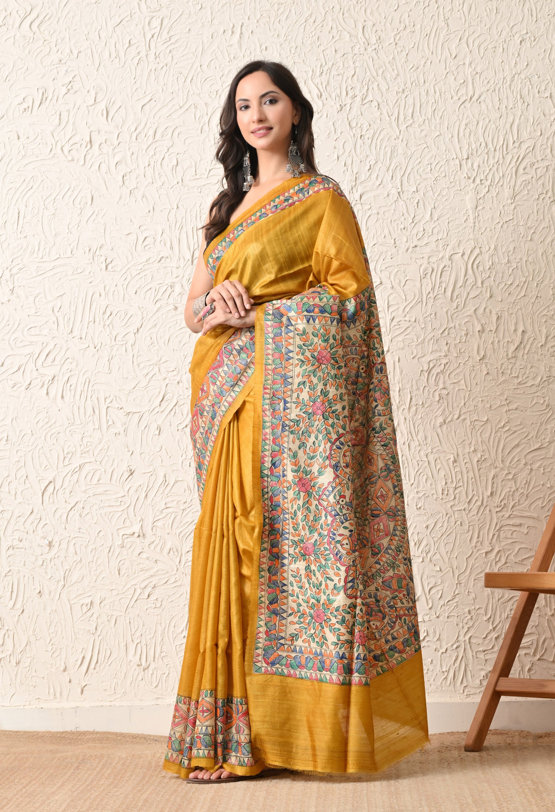 Pure Tussar Silk Madhubani Hand-Painted Saree – Mustard Yellow