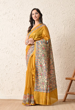 Pure Tussar Silk Madhubani Hand-Painted Saree – Mustard Yellow