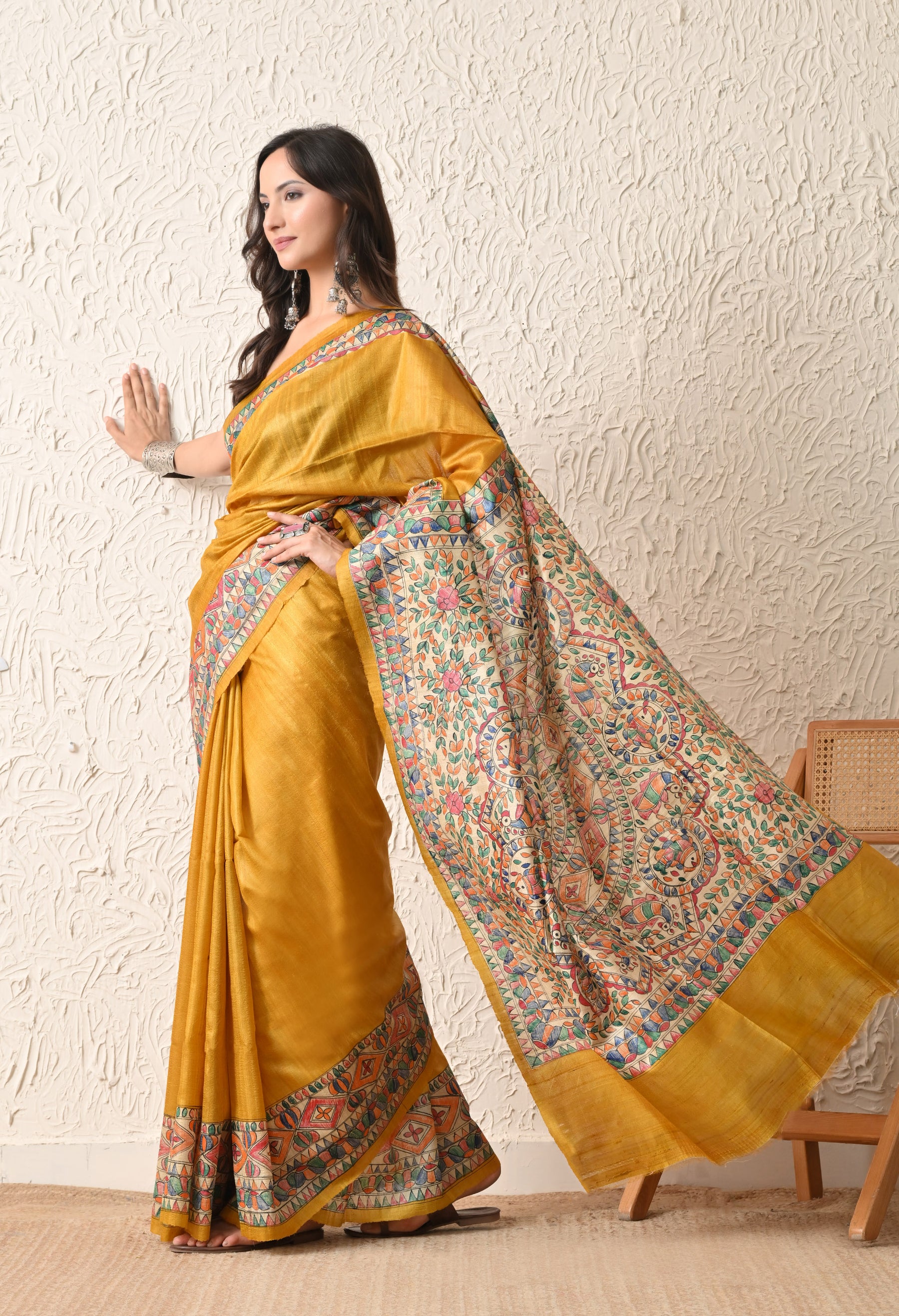 Pure Tussar Silk Madhubani Hand-Painted Saree – Mustard Yellow