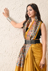 Pure Tussar Silk Madhubani Hand-Painted Saree – Mustard Yellow