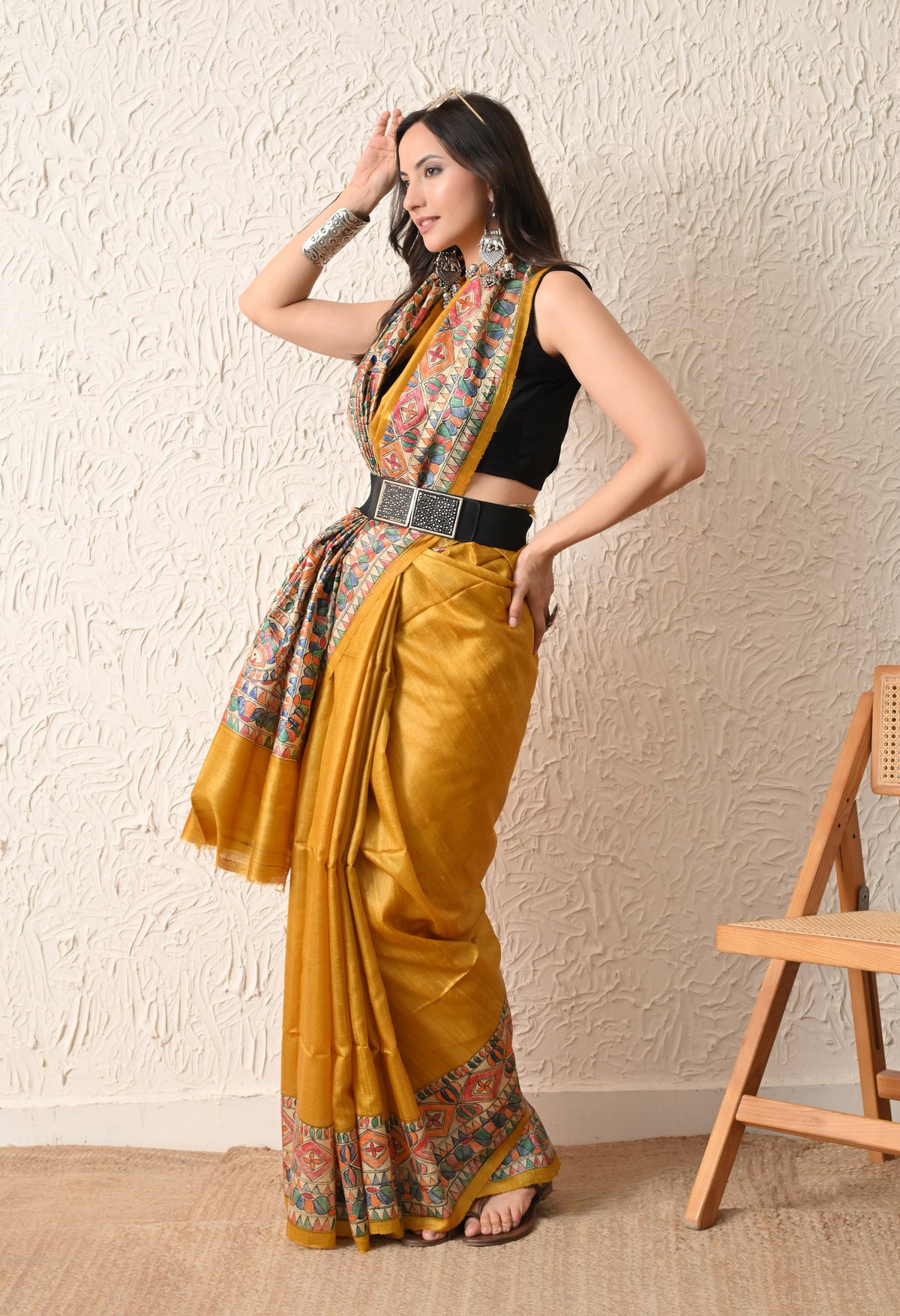 Pure Tussar Silk Madhubani Hand-Painted Saree – Mustard Yellow