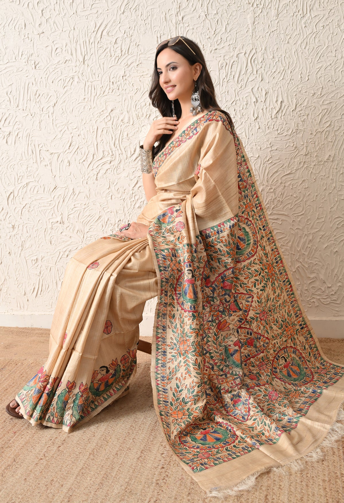 Pure Tussar Silk Madhubani Hand-Painted Saree