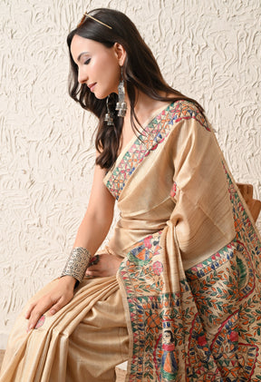 Pure Tussar Silk Madhubani Hand-Painted Saree