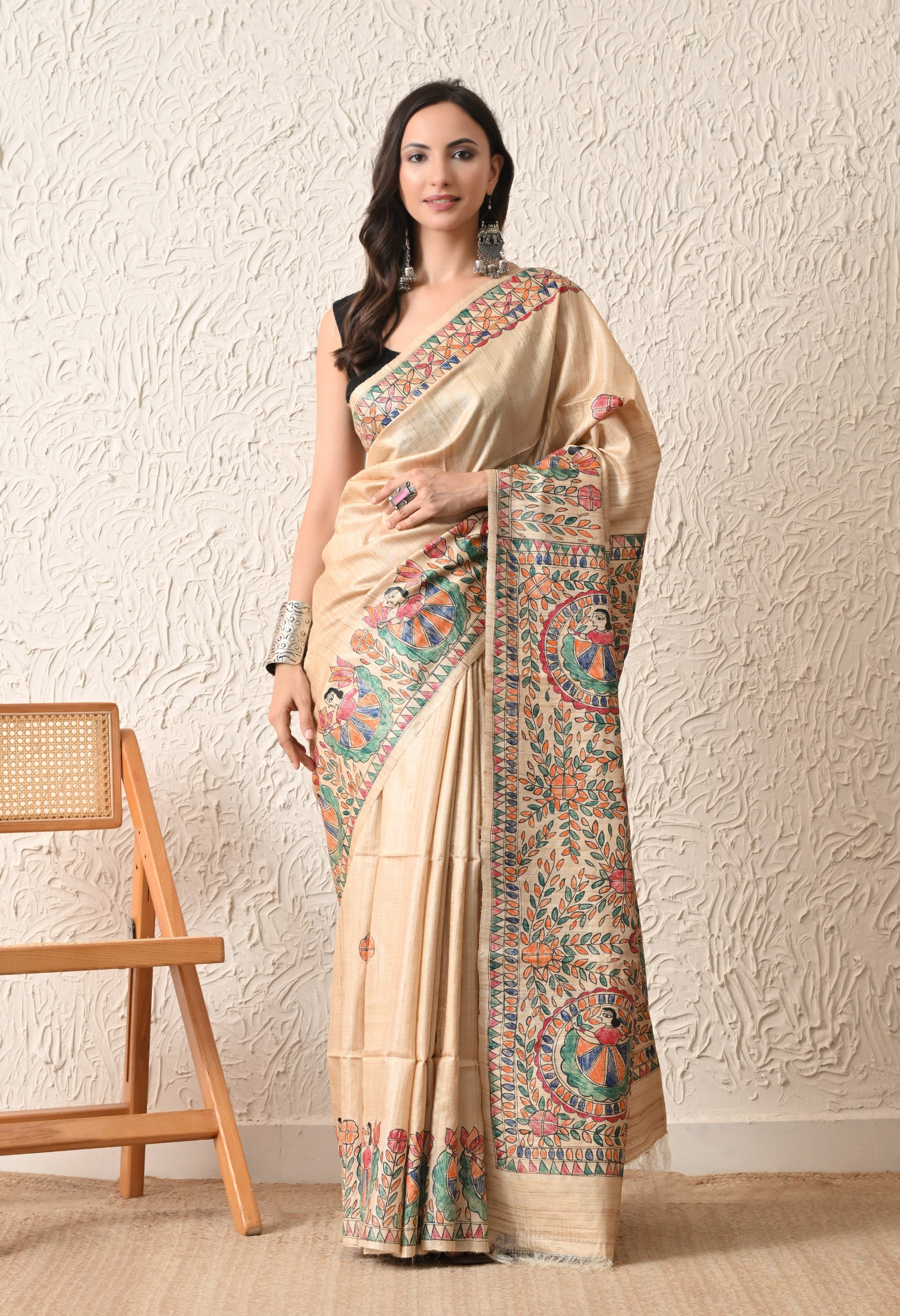 Pure Tussar Silk Madhubani Hand-Painted Saree