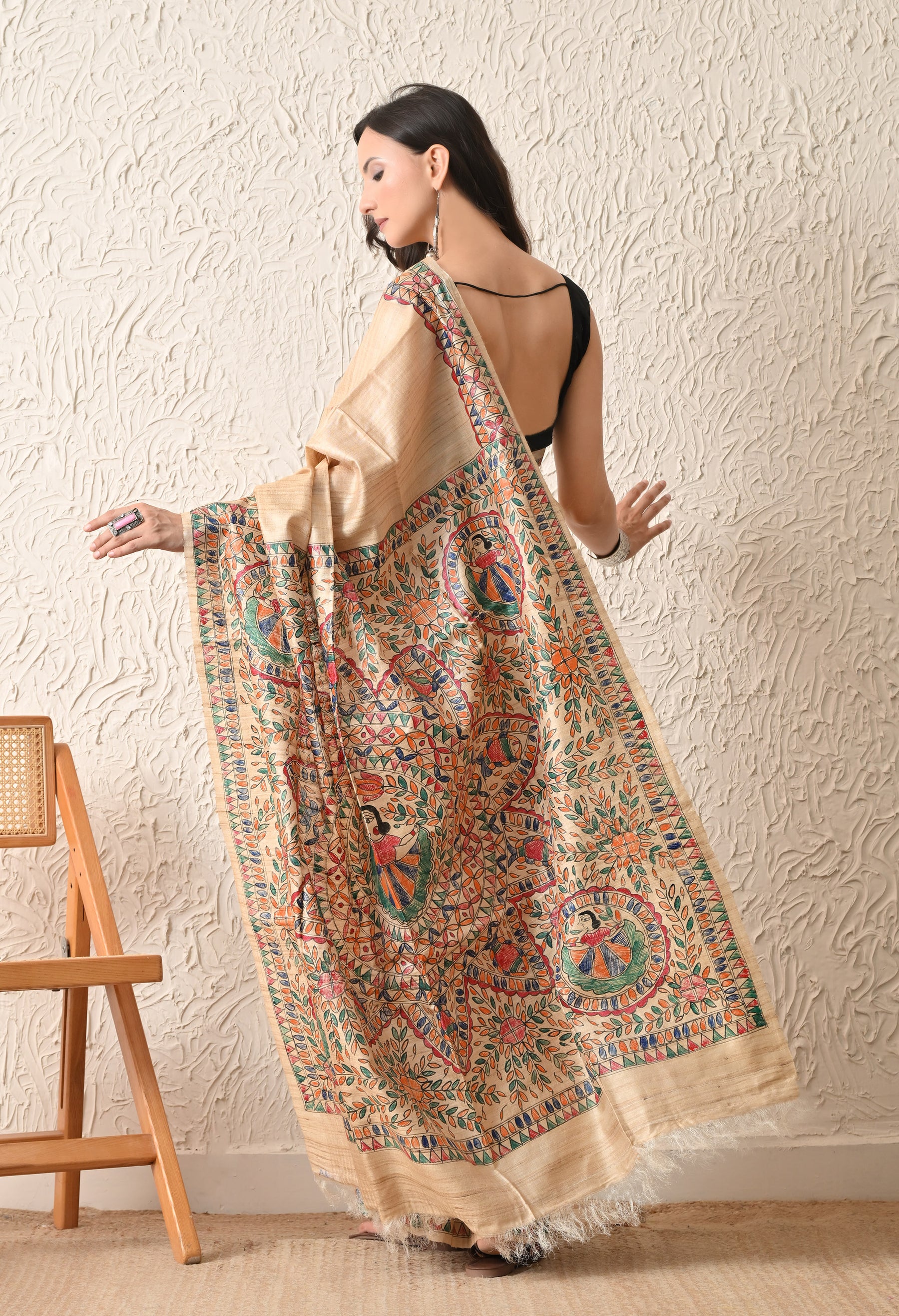 Pure Tussar Silk Madhubani Hand-Painted Saree