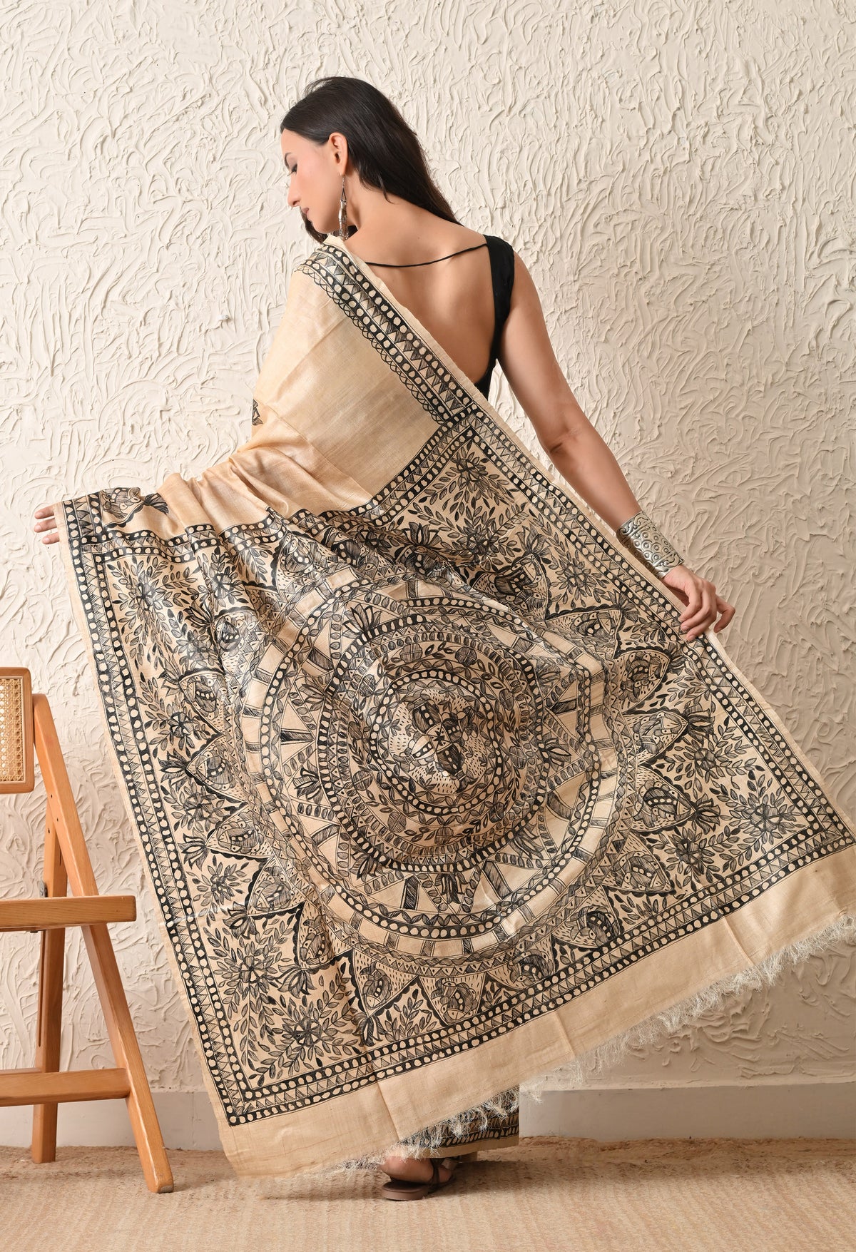 Pure Tussar Silk Madhubani Hand-Painted Saree – Monochrome Heritage Collection