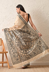 Pure Tussar Silk Madhubani Hand-Painted Saree – Monochrome Heritage Collection