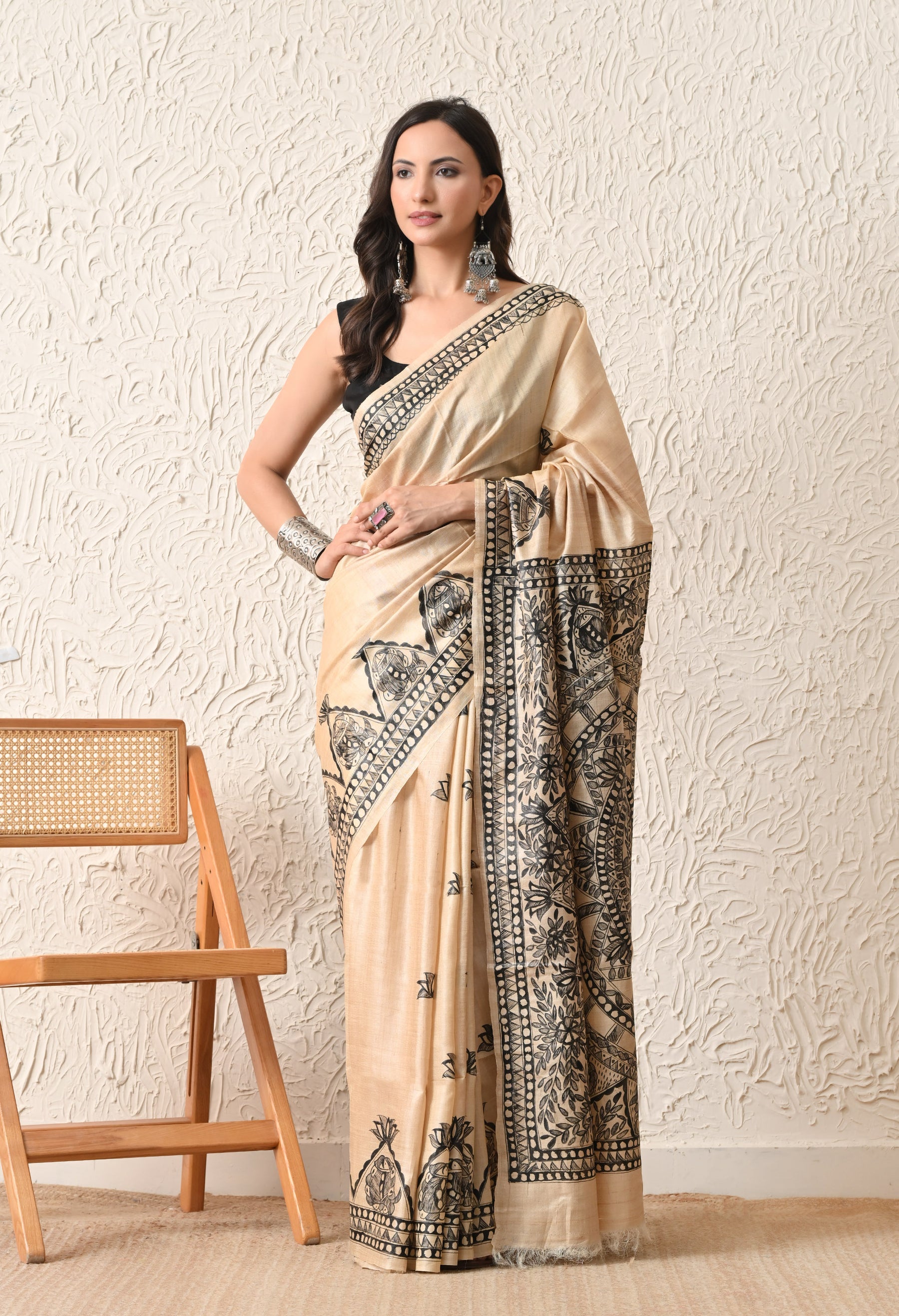 Pure Tussar Silk Madhubani Hand-Painted Saree – Monochrome Heritage Collection