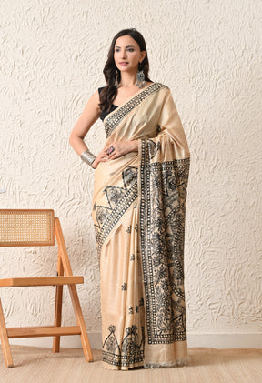Pure Tussar Silk Madhubani Hand-Painted Saree – Monochrome Heritage Collection