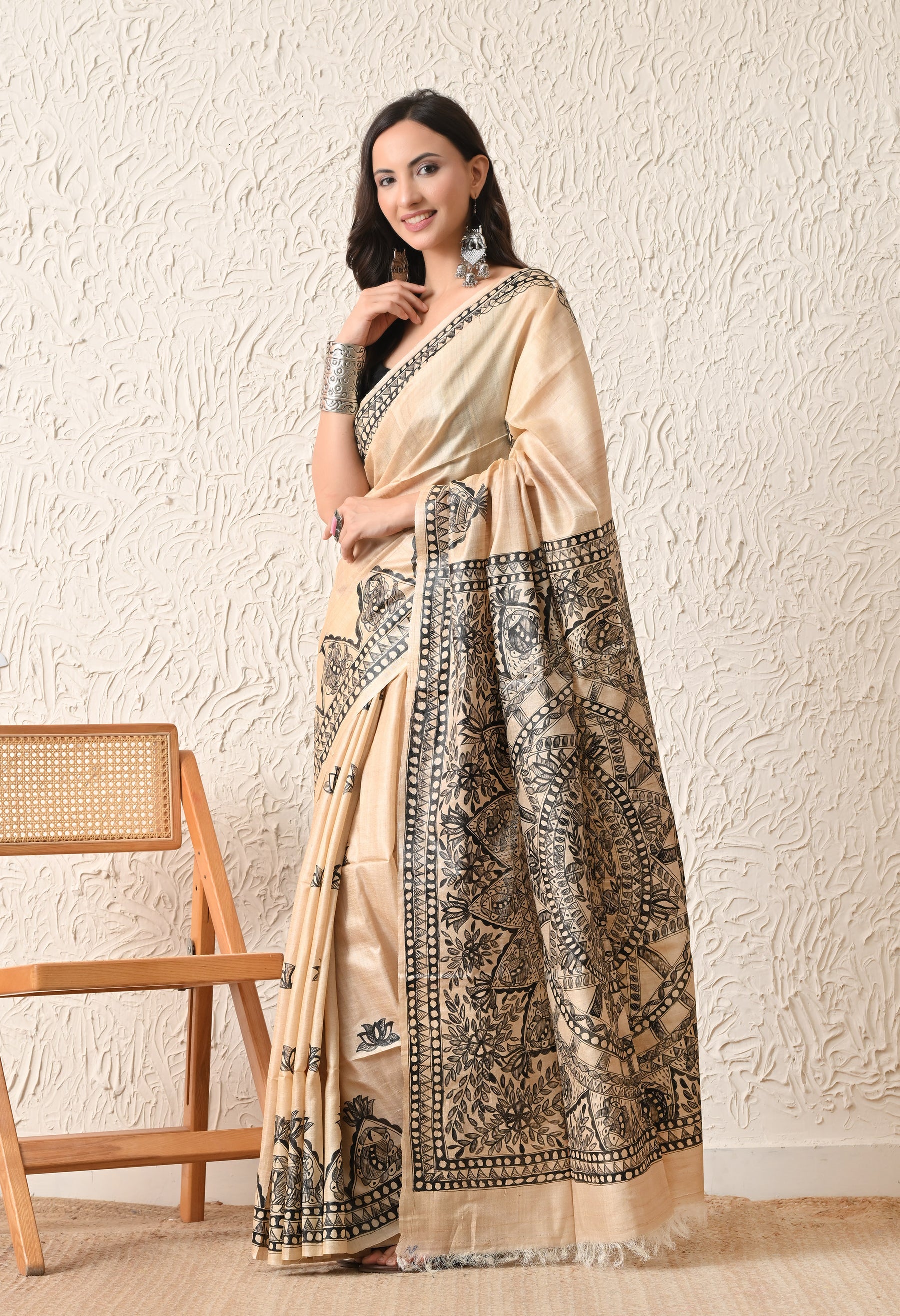 Pure Tussar Silk Madhubani Hand-Painted Saree – Monochrome Heritage Collection