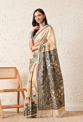 Pure Tussar Silk Madhubani Hand-Painted Saree – Monochrome Heritage Collection