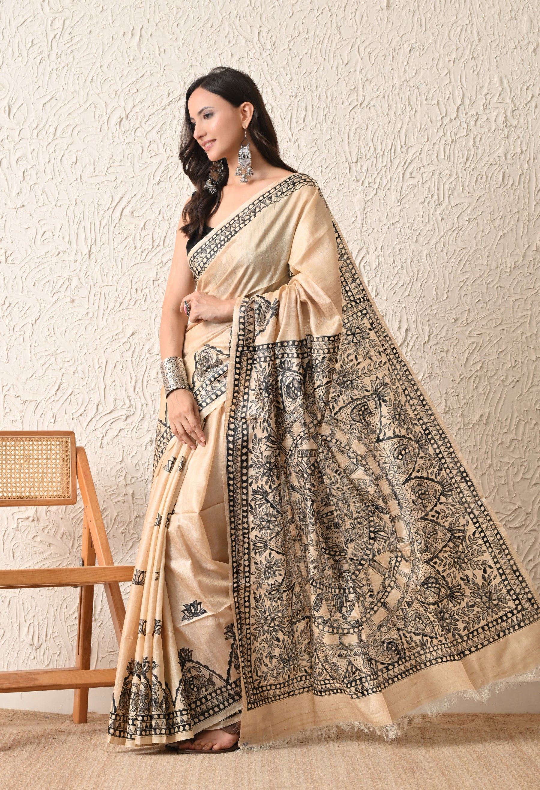 Pure Tussar Silk Madhubani Hand-Painted Saree – Monochrome Heritage Collection