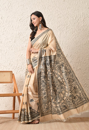 Pure Tussar Silk Madhubani Hand-Painted Saree – Monochrome Heritage Collection