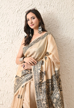 Pure Tussar Silk Madhubani Hand-Painted Saree – Monochrome Heritage Collection
