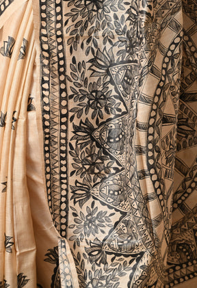 Pure Tussar Silk Madhubani Hand-Painted Saree – Monochrome Heritage Collection