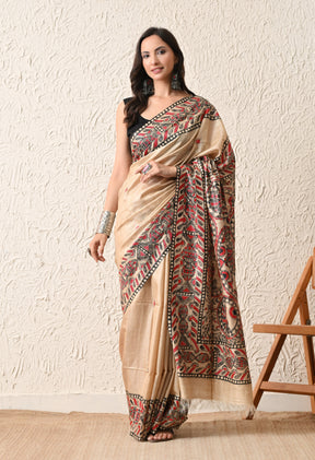 Pure Tussar Silk Madhubani Hand-Painted Saree – Crimson Heritage Collection
