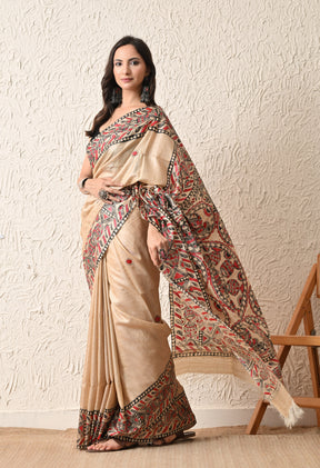 Pure Tussar Silk Madhubani Hand-Painted Saree – Crimson Heritage Collection