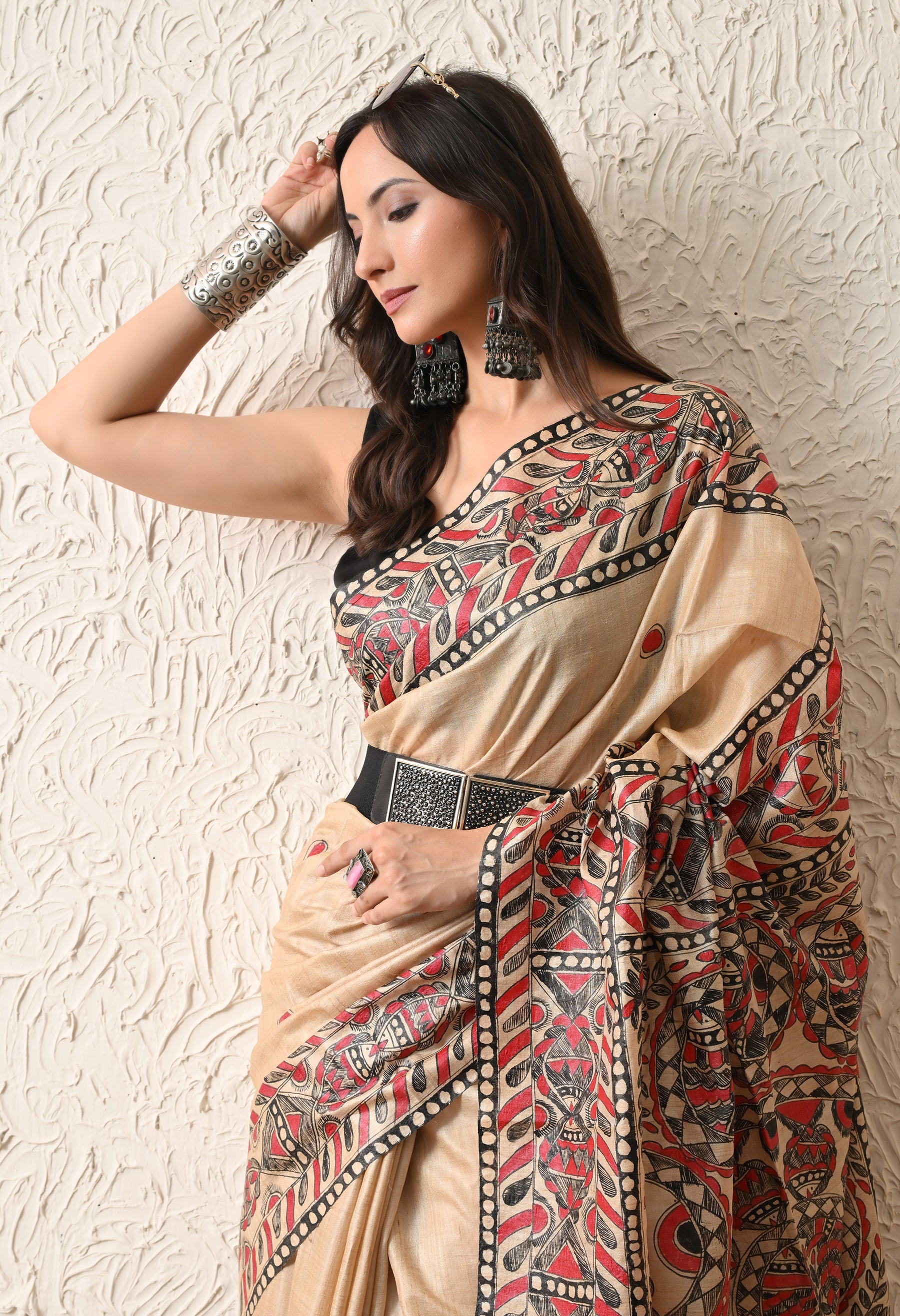 Pure Tussar Silk Madhubani Hand-Painted Saree – Crimson Heritage Collection