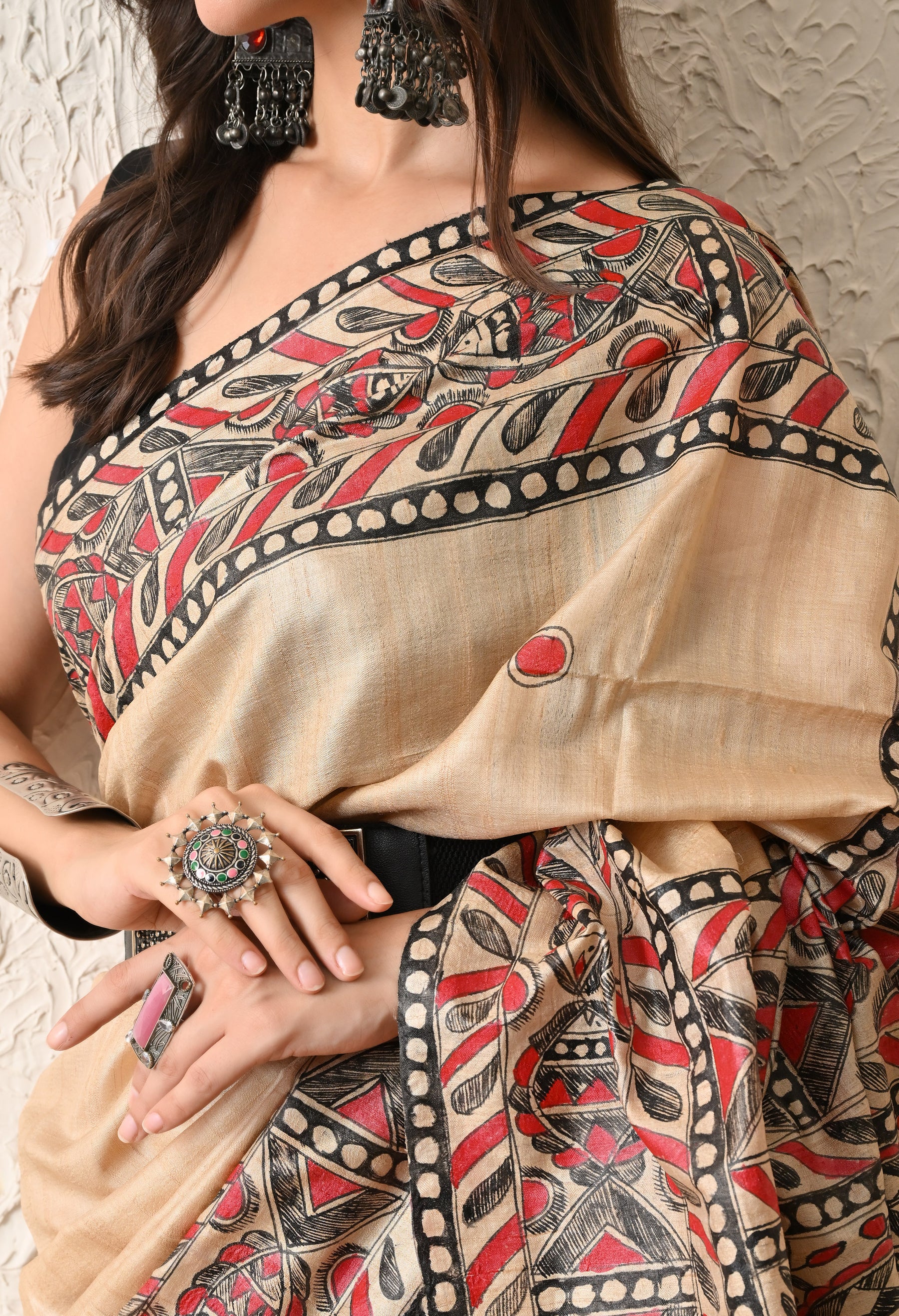 Pure Tussar Silk Madhubani Hand-Painted Saree – Crimson Heritage Collection