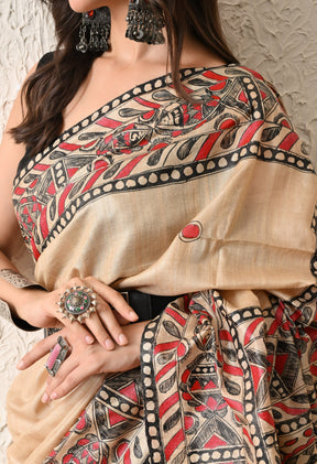 Pure Tussar Silk Madhubani Hand-Painted Saree – Crimson Heritage Collection