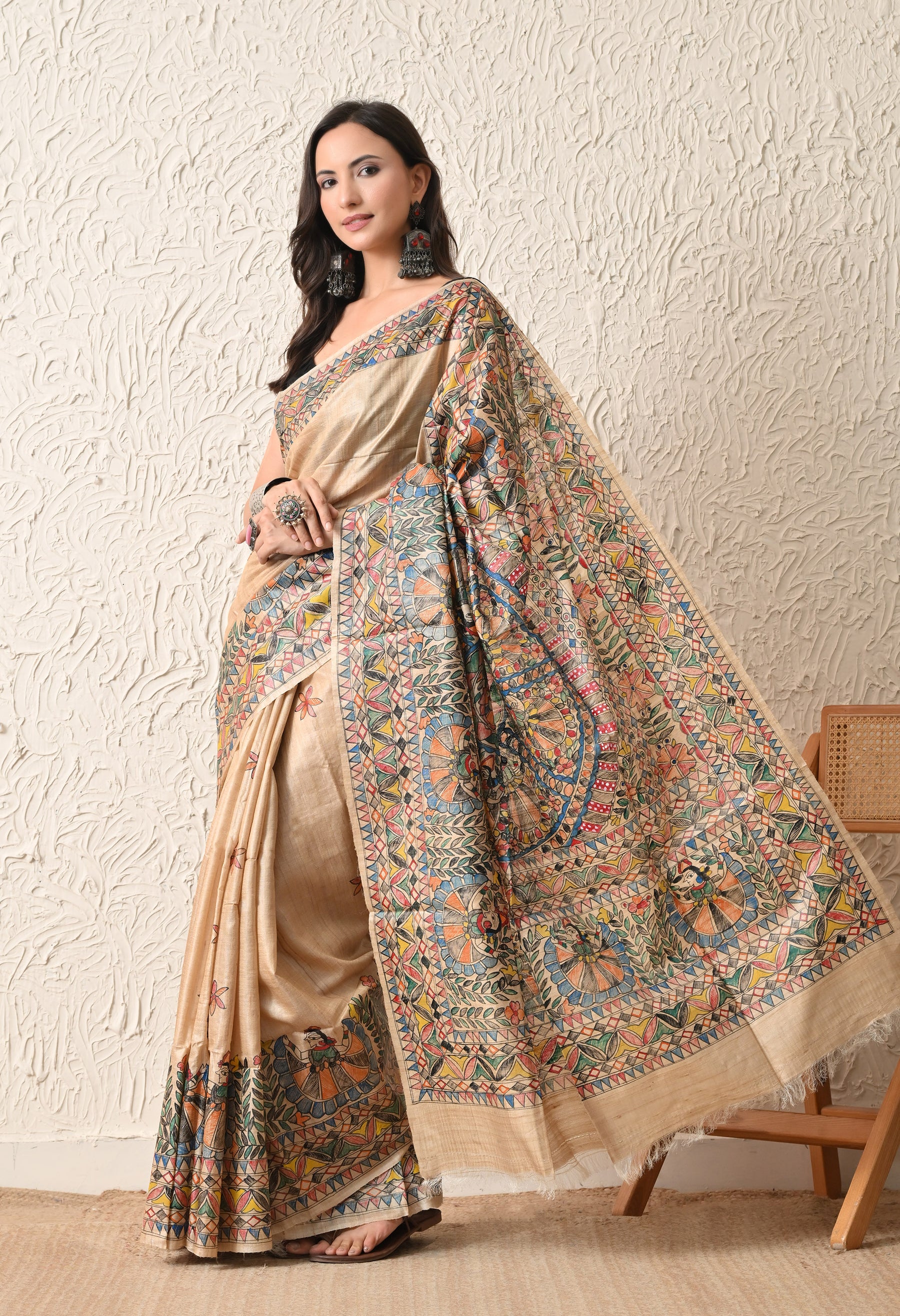 Pure Tussar Silk Madhubani Hand-Painted Saree – Folk Dance Heritage Collection