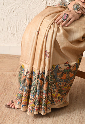 Pure Tussar Silk Madhubani Hand-Painted Saree – Folk Dance Heritage Collection