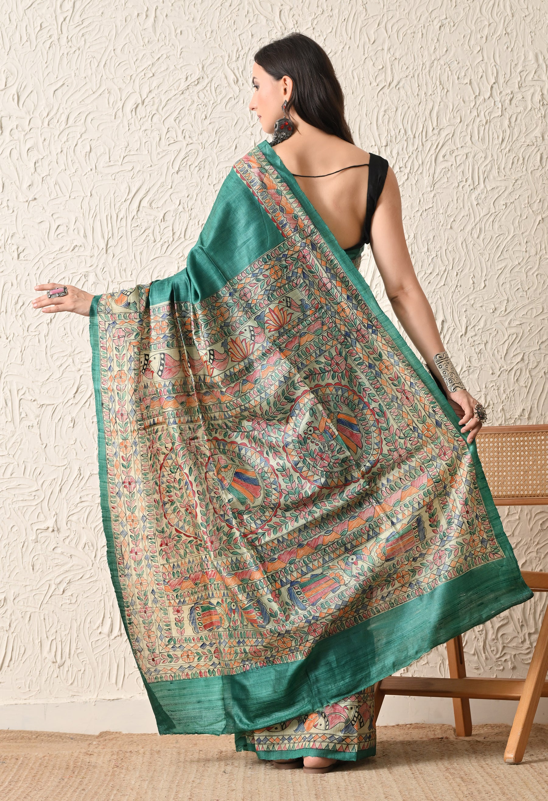 Pure Tussar Silk Madhubani Hand-Painted Saree – Emerald Peacock Heritage Edition