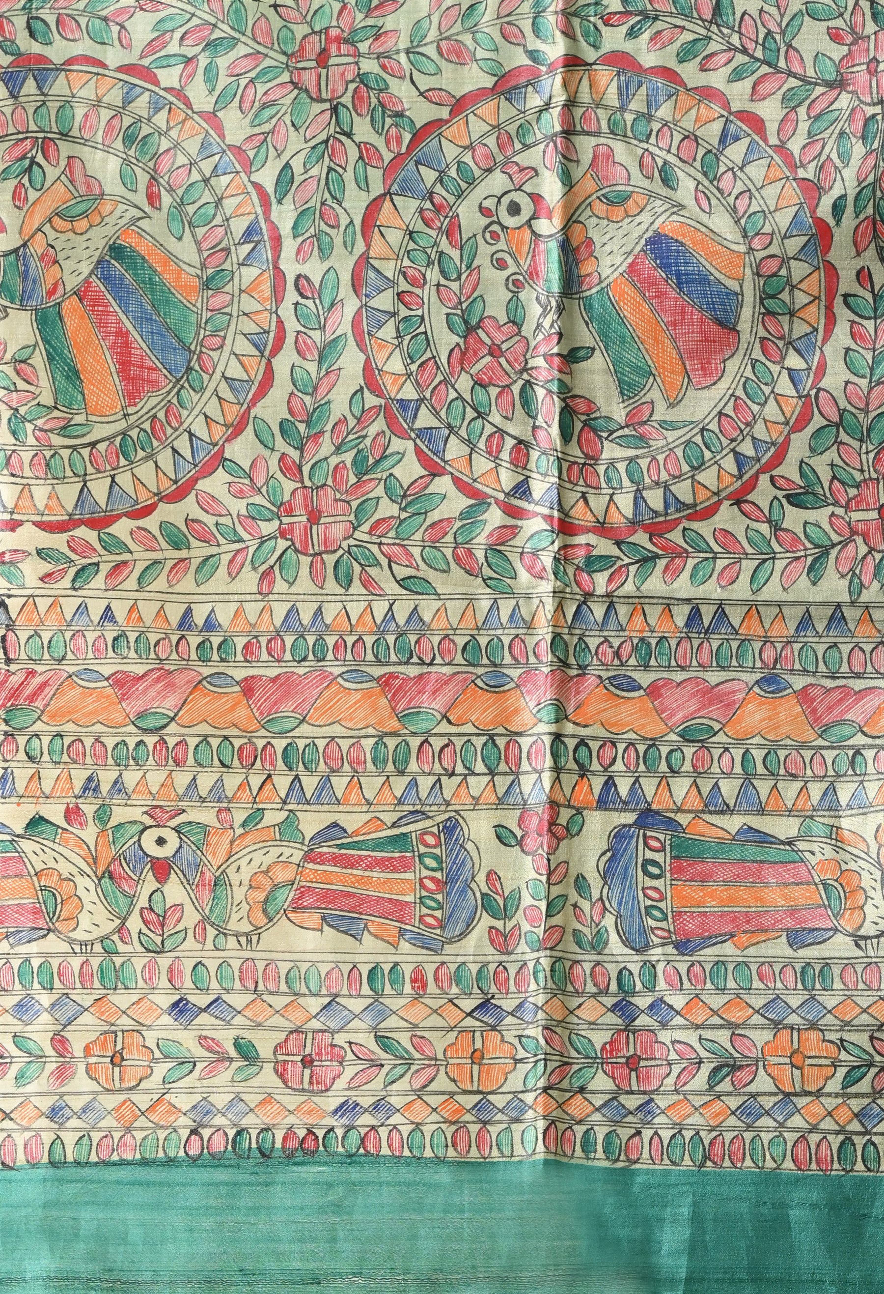 Pure Tussar Silk Madhubani Hand-Painted Saree – Emerald Peacock Heritage Edition