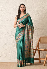 Pure Tussar Silk Madhubani Hand-Painted Saree – Emerald Peacock Heritage Edition