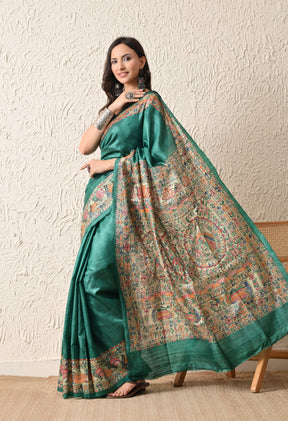 Pure Tussar Silk Madhubani Hand-Painted Saree – Emerald Peacock Heritage Edition