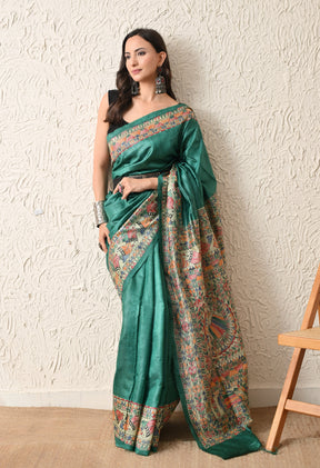 Pure Tussar Silk Madhubani Hand-Painted Saree – Emerald Peacock Heritage Edition