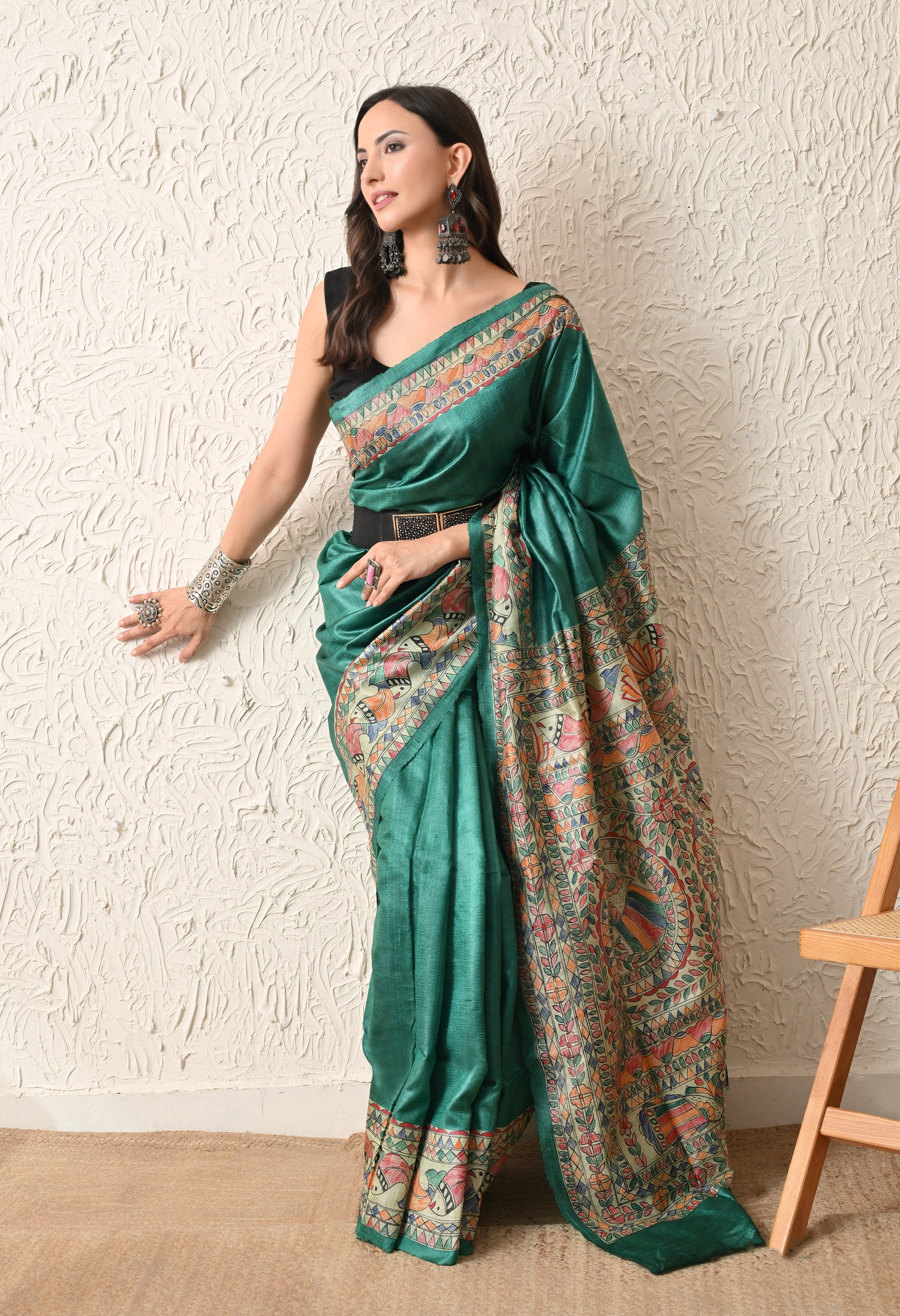 Pure Tussar Silk Madhubani Hand-Painted Saree – Emerald Peacock Heritage Edition