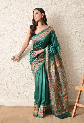 Pure Tussar Silk Madhubani Hand-Painted Saree – Emerald Peacock Heritage Edition
