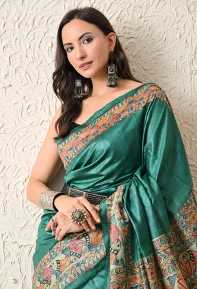 Pure Tussar Silk Madhubani Hand-Painted Saree – Emerald Peacock Heritage Edition