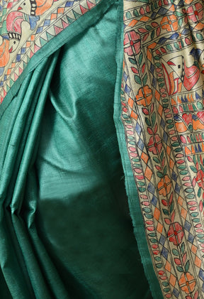 Pure Tussar Silk Madhubani Hand-Painted Saree – Emerald Peacock Heritage Edition