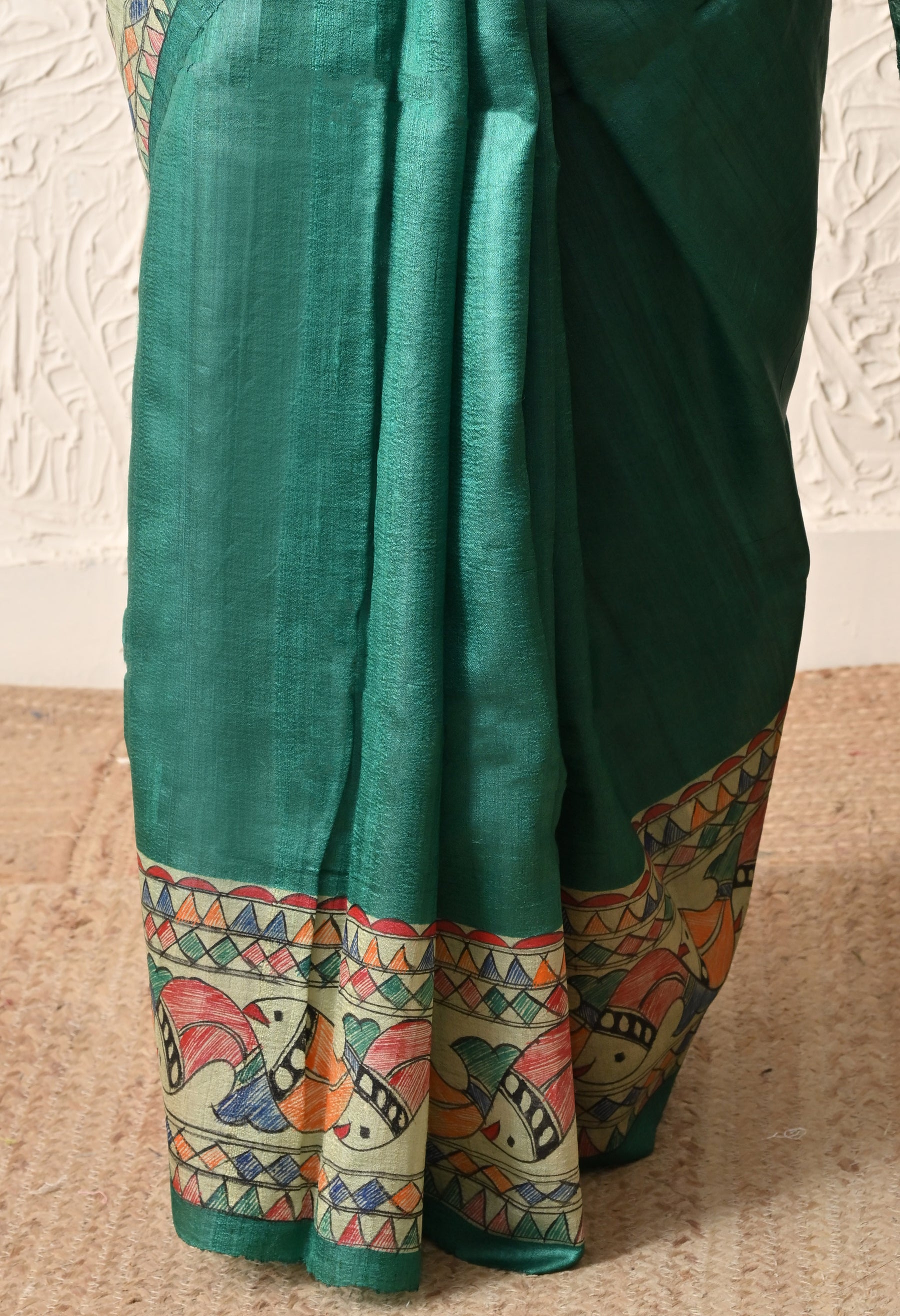 Pure Tussar Silk Madhubani Hand-Painted Saree – Emerald Peacock Heritage Edition