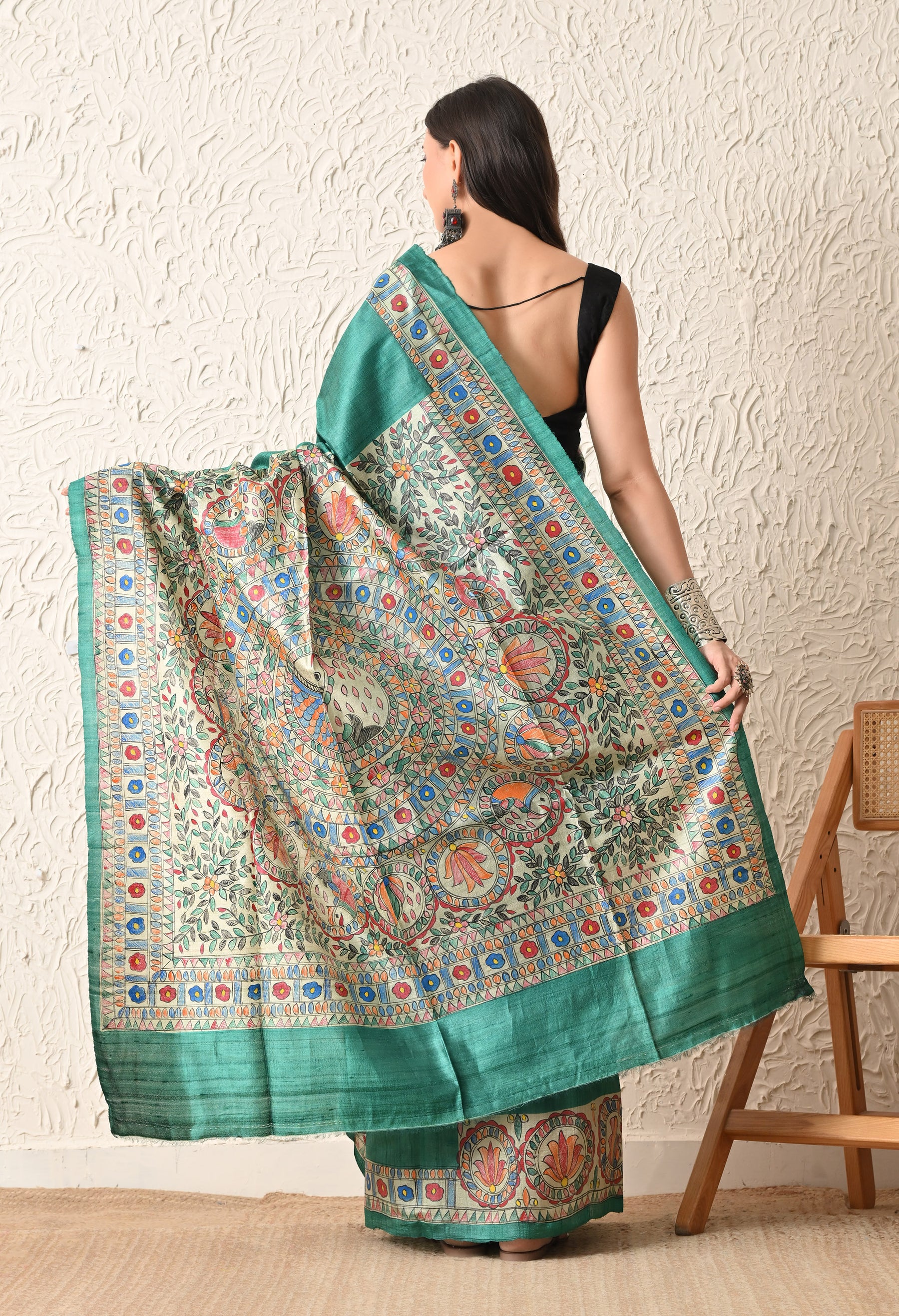 Pure Tussar Silk Madhubani Hand-Painted Saree – Peacock Mandala Heritage Edition