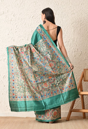 Pure Tussar Silk Madhubani Hand-Painted Saree – Peacock Mandala Heritage Edition