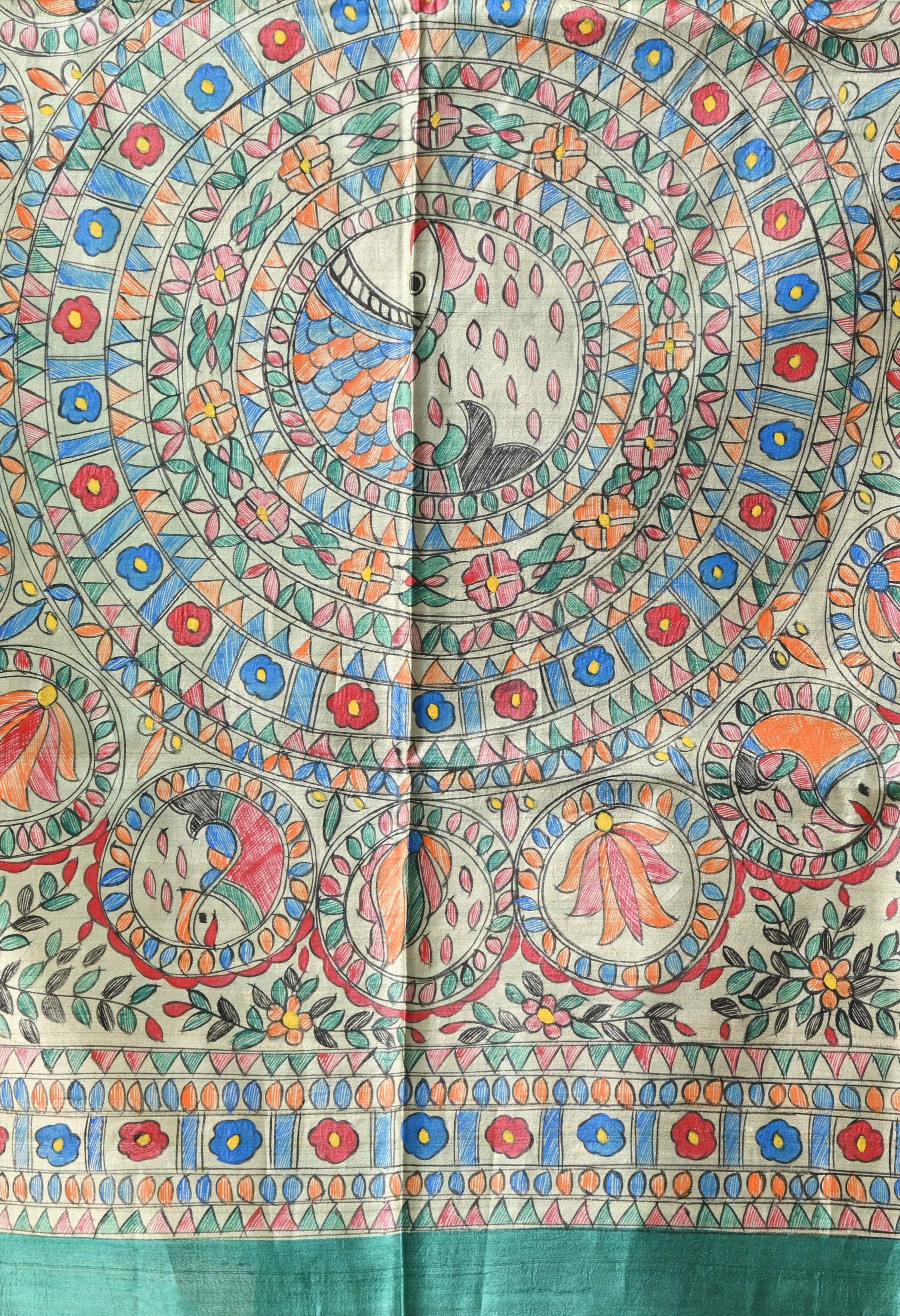 Pure Tussar Silk Madhubani Hand-Painted Saree – Peacock Mandala Heritage Edition