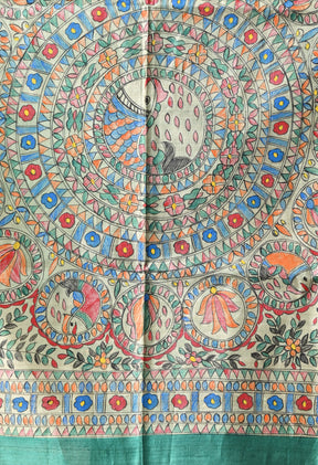 Pure Tussar Silk Madhubani Hand-Painted Saree – Peacock Mandala Heritage Edition