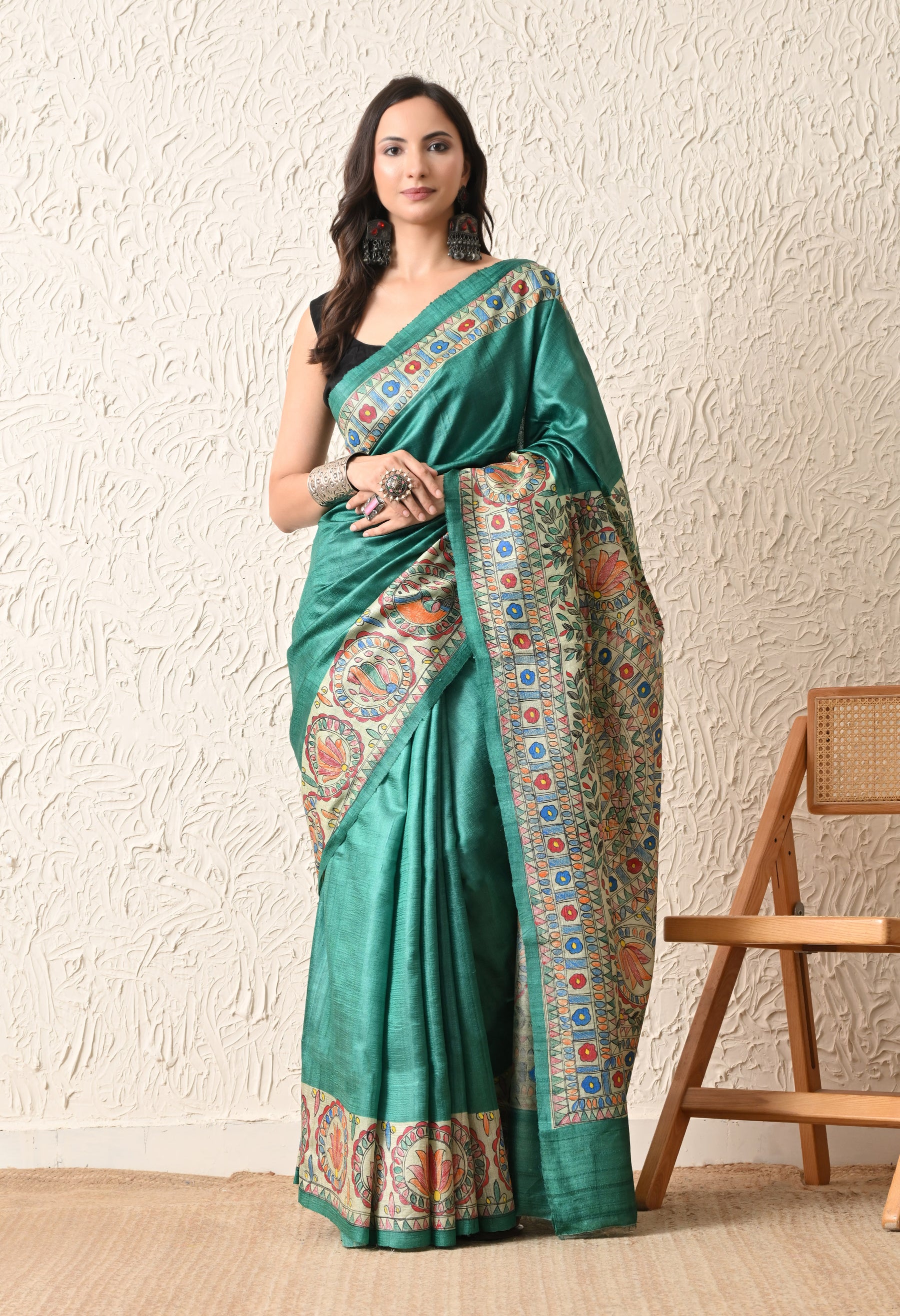 Pure Tussar Silk Madhubani Hand-Painted Saree – Peacock Mandala Heritage Edition