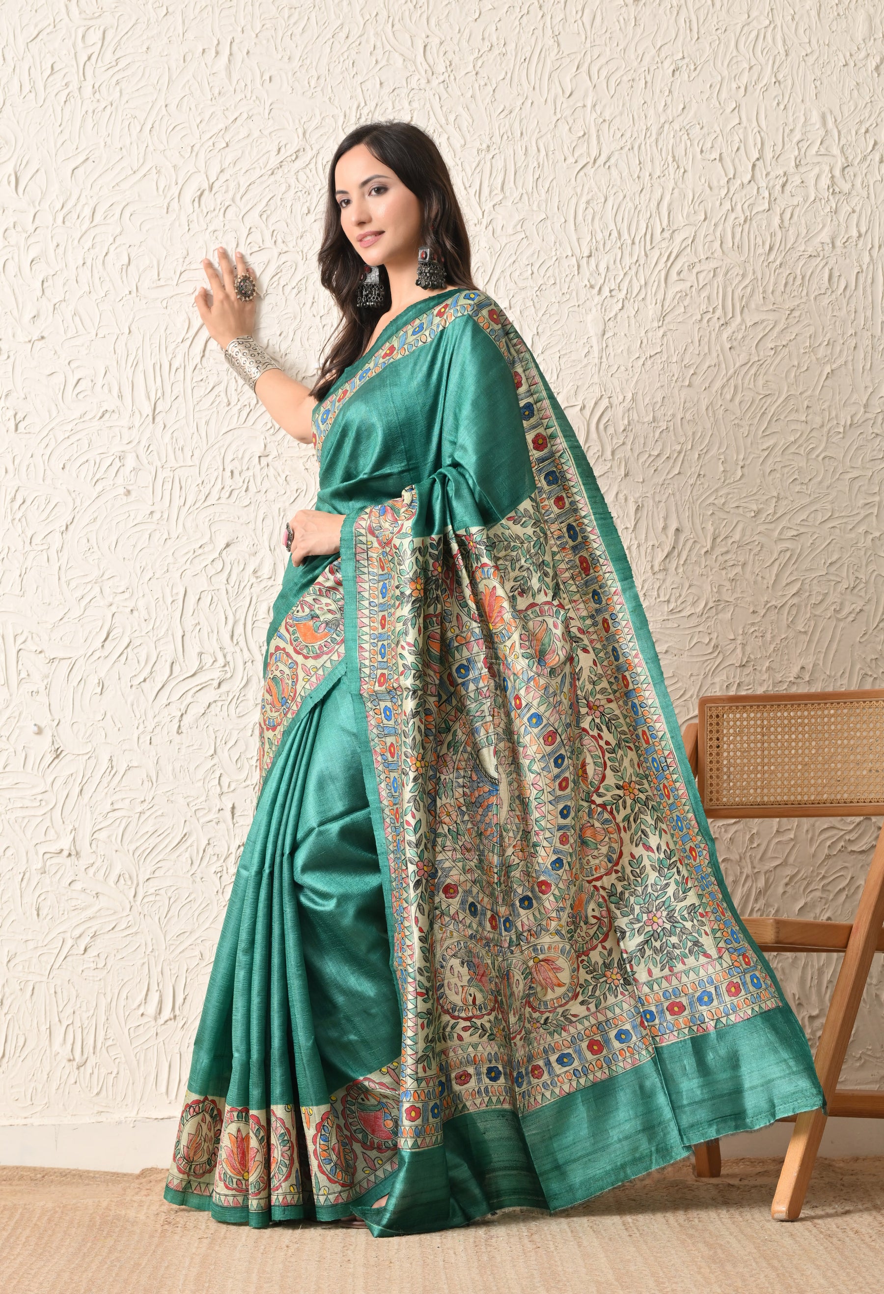Pure Tussar Silk Madhubani Hand-Painted Saree – Peacock Mandala Heritage Edition