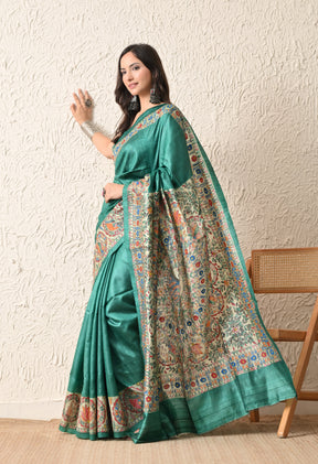 Pure Tussar Silk Madhubani Hand-Painted Saree – Peacock Mandala Heritage Edition