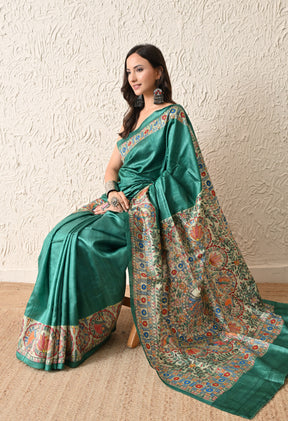 Pure Tussar Silk Madhubani Hand-Painted Saree – Peacock Mandala Heritage Edition
