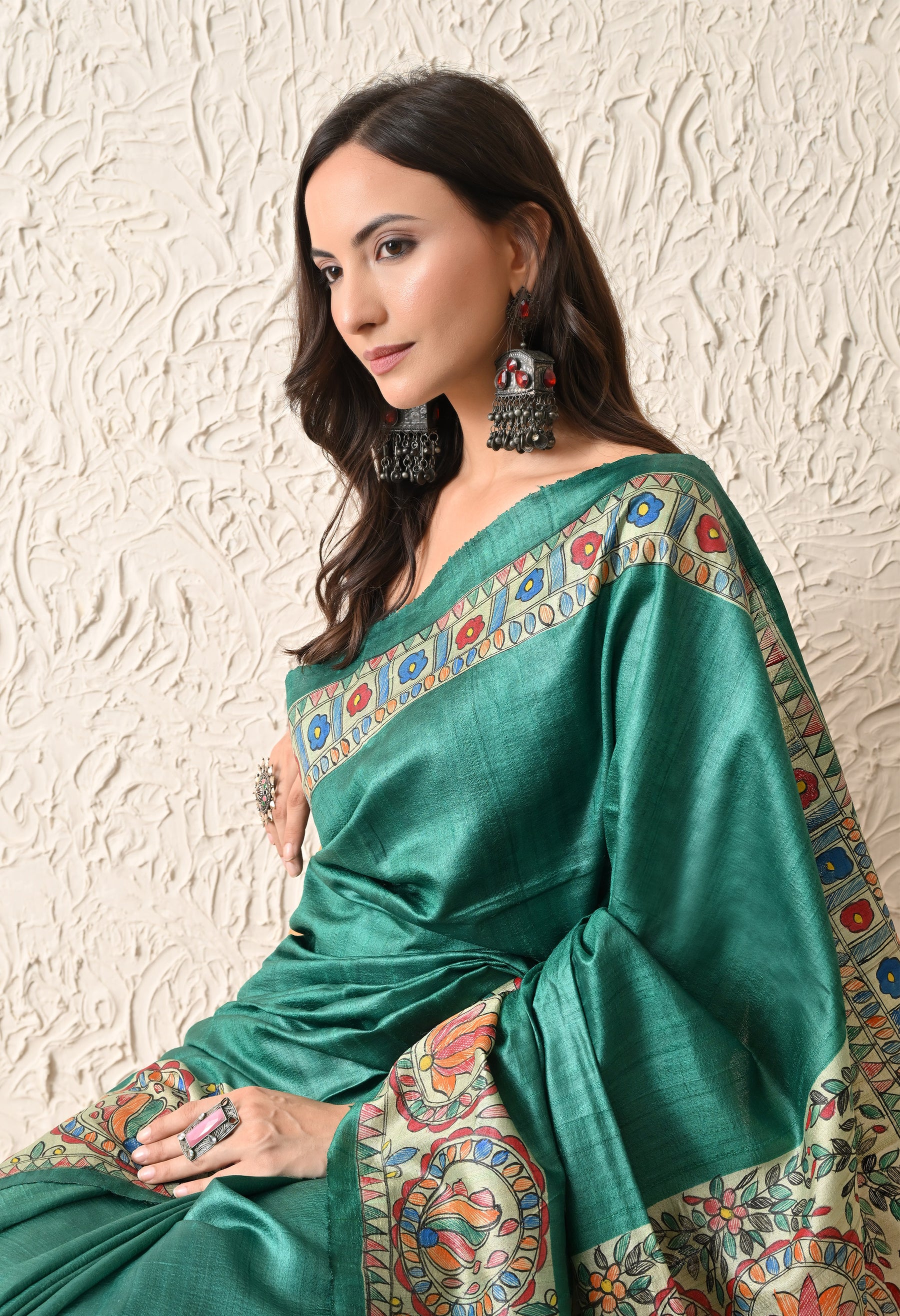 Pure Tussar Silk Madhubani Hand-Painted Saree – Peacock Mandala Heritage Edition