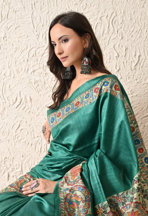 Pure Tussar Silk Madhubani Hand-Painted Saree – Peacock Mandala Heritage Edition